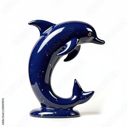 Lapis lazuli dolphin sculpture with golden flecks, streamlined abstract design, deep blue decorative art on white background