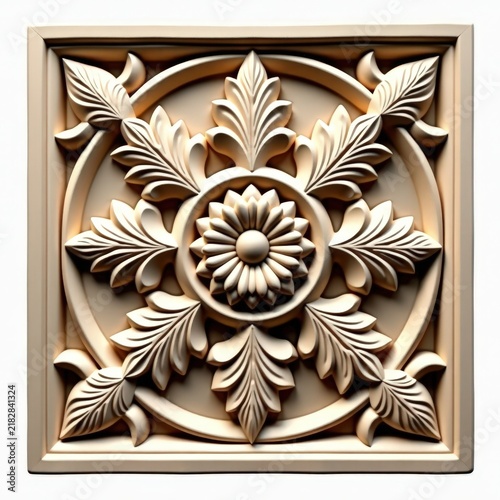 Sandstone decorative basrelief tile with raised floral motifs and intricate patterns on white background