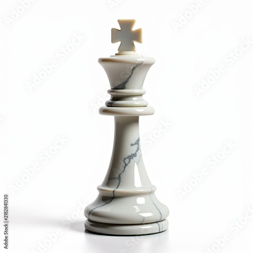 Marble chess queen piece with crown detail, smooth cylindrical design, white and grey veins on white background