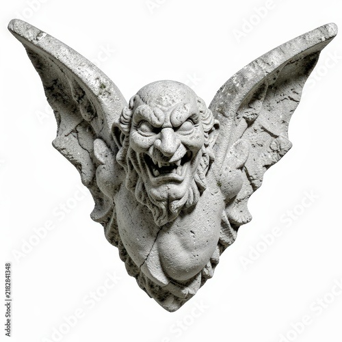 Handchiseled limestone gargoyle with exaggerated facial expression and detailed wings isolated on white background