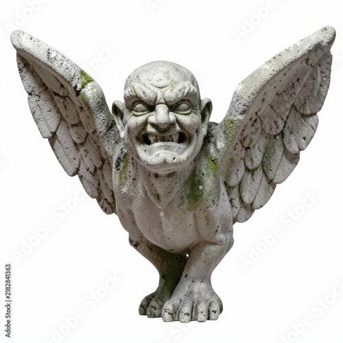 Handchiseled limestone gargoyle with exaggerated facial expression and detailed wings isolated on white background