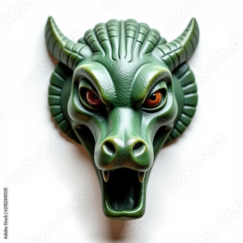 Intricately carved green serpentine dance mask with pronounced eyes and mouth features on white background