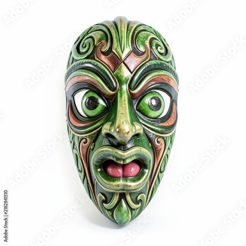 Intricately carved green serpentine dance mask with pronounced eyes and mouth on white background