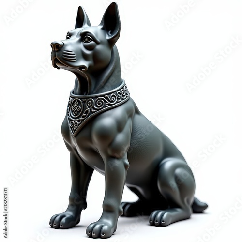 Gray basalt celtic guardian dog statue with engraved collar and matte stone finish on white background