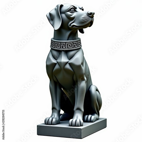 Gray basalt celtic guardian dog statue with engraved collar and matte stone finish on white background