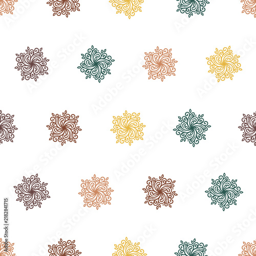 Seamless Pattern of Colorful Floral Mandalas on White Background