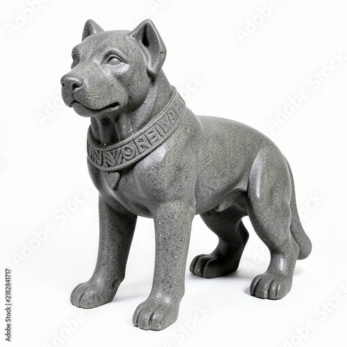Gray basalt celtic guardian dog statue with engraved collar and matte stone finish on white background