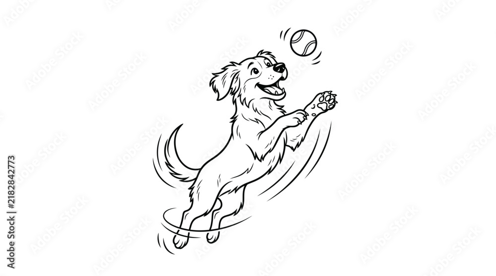Obraz premium Happy Dog Character Mid-Jump with Ball in Minimalist Line Art Illustration