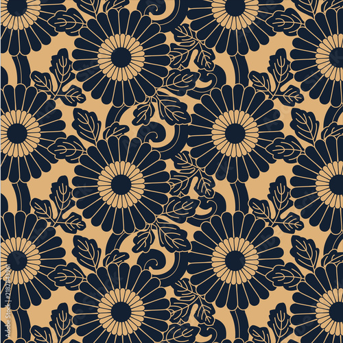 Traditional Japanese chrysanthemum pattern textile design for interior decoration and fabric prints