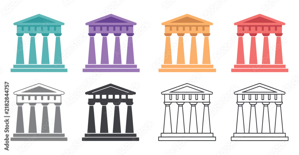 Obraz premium Set of ancient Greek temple architectural icons in various colors and outline styles.