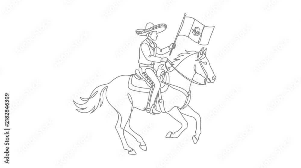 Fototapeta premium Continuous Line Drawing of a Mexican Charro Riding a Horse