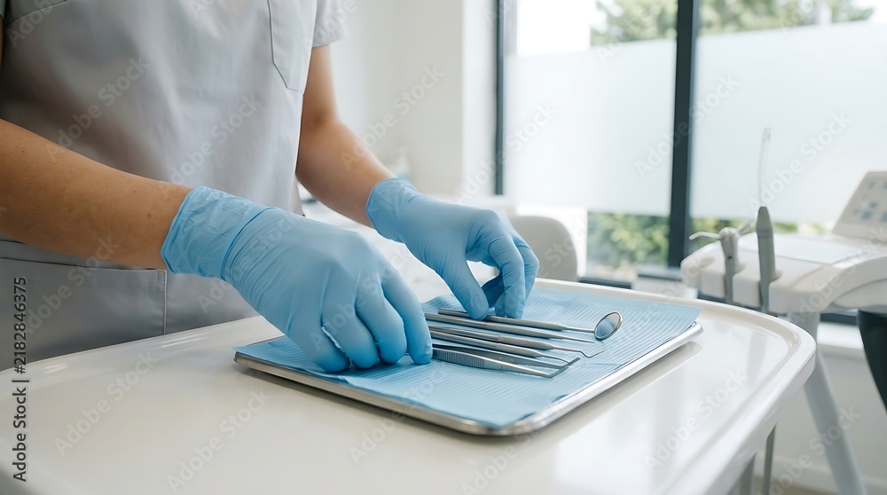 Fototapeta premium A dentist preparing sterile dental instruments on a tray in a clinic.