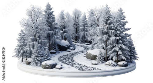 Winter forest landscape with snow-covered trees and deer