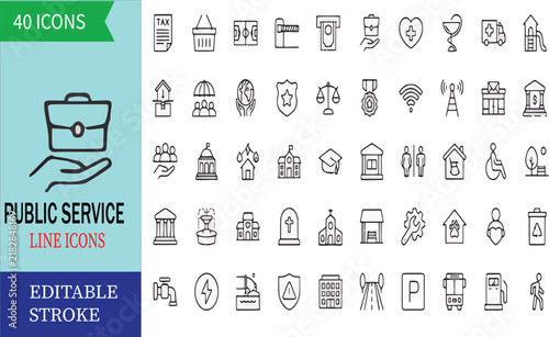 Public Service Editable Stroke Line Icon Set, Government and Civic Services Outline Icons Collection for Administrative, Legal, Municipal, Community and Official Business Use