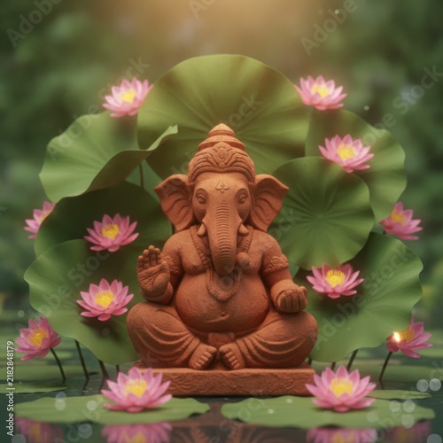 Terracotta Ganesha statue sitting in a meditative pose surrounded by pink lotus flowers and large green lily pads on calm water, with soft bokeh background lighting, concept of spirituality and devoti