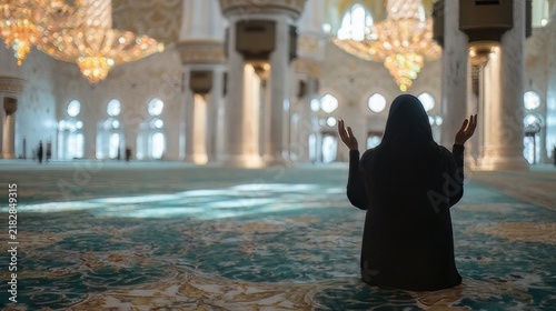 Person hands raised in supplication, or dua, while sitting on a patterned green prayer carpet inside a mosque.