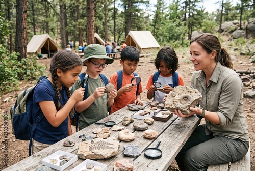 Kids gather around a table in a forest to look at fossils and rocks. A camp counselor shows a large fossil to the children. It is daytime at the camp