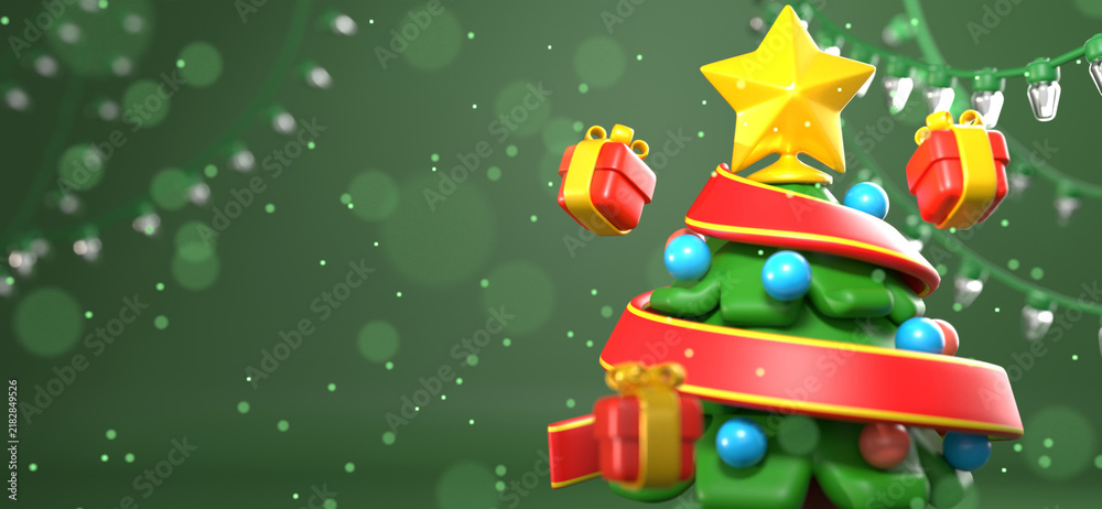 Fototapeta premium christmas tree decoration with gifts. Christmas tree with bokeh lights. Festive 3D stylized Christmas tree with red ribbon and gifts on green background. Cartoon 3D Christmas background with star.