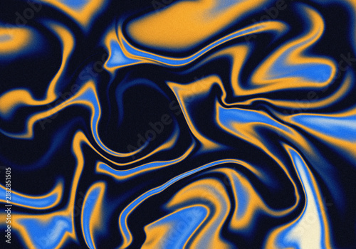 Abstract liquid marble background texture with dynamic blue and orange swirling waves and subtle film grain overlay