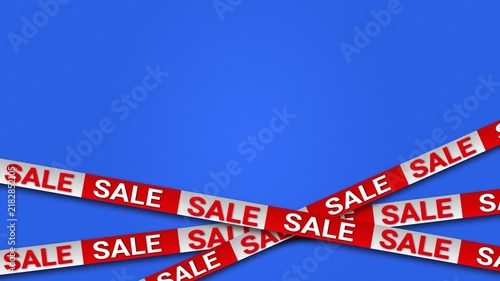 Blue background with red and white tape with text Sale. Promotional warning banner for shopping concept, retail marketing event, seasonal discount announcement