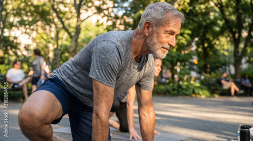 Active Senior Man Doing Yoga Stretch in Outdoor Park Fitness Class
