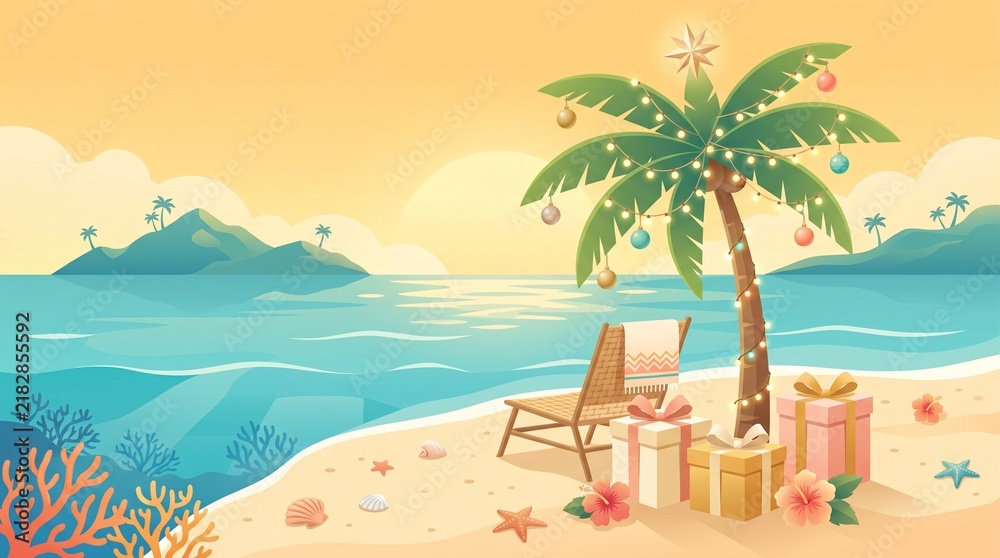 Fototapeta premium Tropical holiday beach scene with a cheerful decorated palm tree,