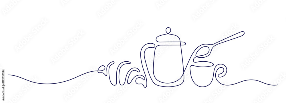 Obraz premium Coffee cup with croissant. Vector continuous line drawing. Minimalist breakfast illustration perfect for cafe menu, logo or modern kitchen decor with elegant symbol. Editable stroke