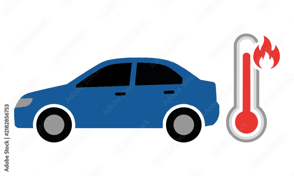 Naklejka premium Simple side view car icon next to a high temperature thermometer on white, symbolizing engine overheating and vehicle trouble. Automotive warning concept