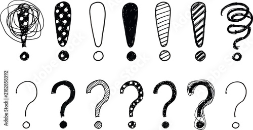 Hand drawn exclamation and question marks with dots in a simple doodle style for creative expression