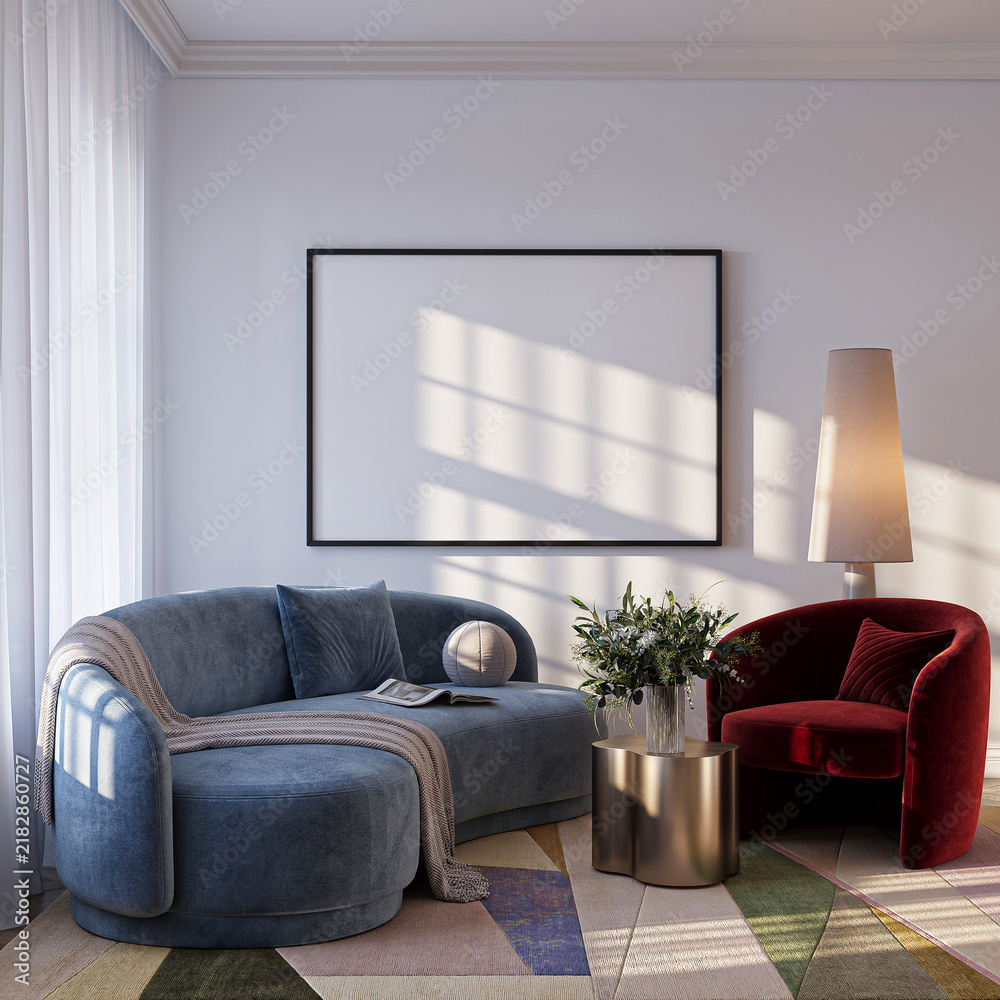 Obraz premium Modern Living Room Poster Frame Mockup with Natural Light and Minimalist Decoration. 3D render.