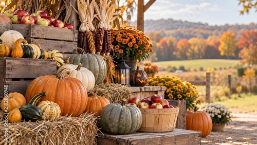 収穫祭のカボチャとリンゴが並ぶ秋の農園 / Autumn farm with harvest pumpkins and apples (Generative AI)