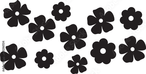 Black Flower Silhouette Set, Simple Flat Floral Shape Icon Collection, Cute Blossom Stencil Vector Illustration for Nature and Spring Design, EPS