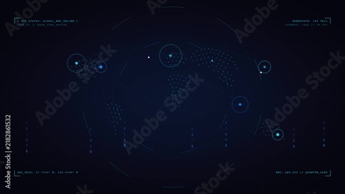 Digital global network HUD interface showing data connection nodes and world map for cyber security and technology concepts