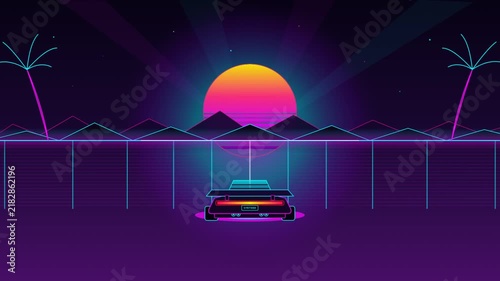 Retro 80s Synthwave Background with Sports Car Driving Towards Neon Sunset and Cyberpunk Landscape Digital Illustration
