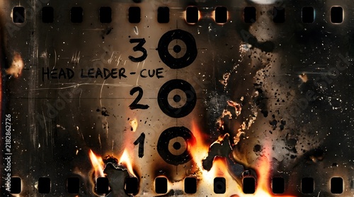 Old movie reel start-up burn texture with black circle leader marks and flares