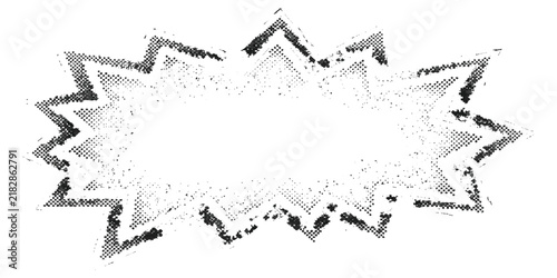Black and white comic book style star shape burst speech bubble with a rough textured halftone dot pattern
