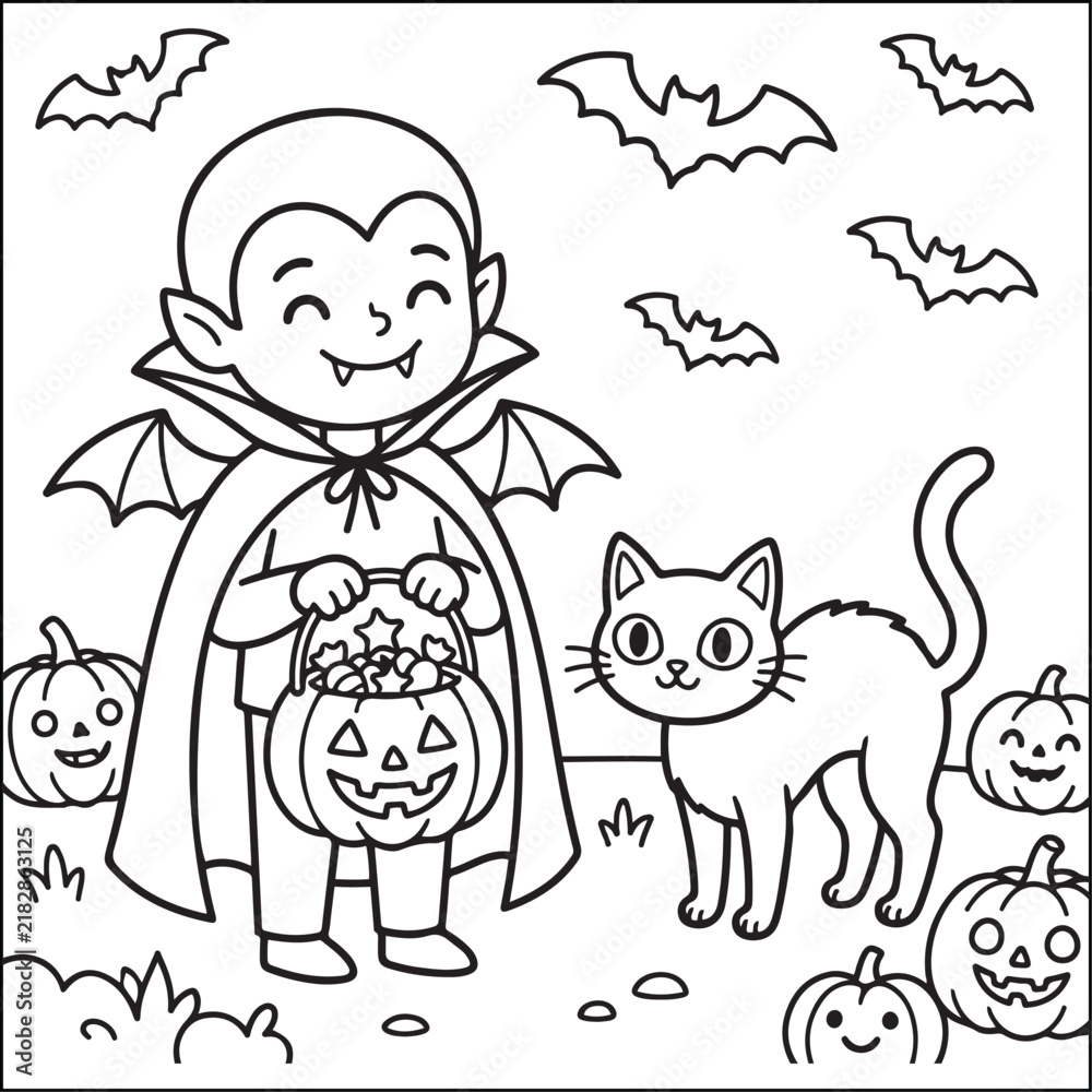 Fototapeta premium Halloween little spooky black and white coloring pages for adults. 