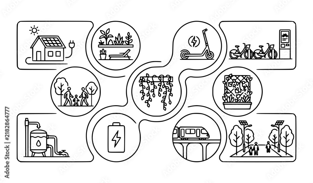 Fototapeta premium Future green city renewable energy and sustainable transport outline icon collection