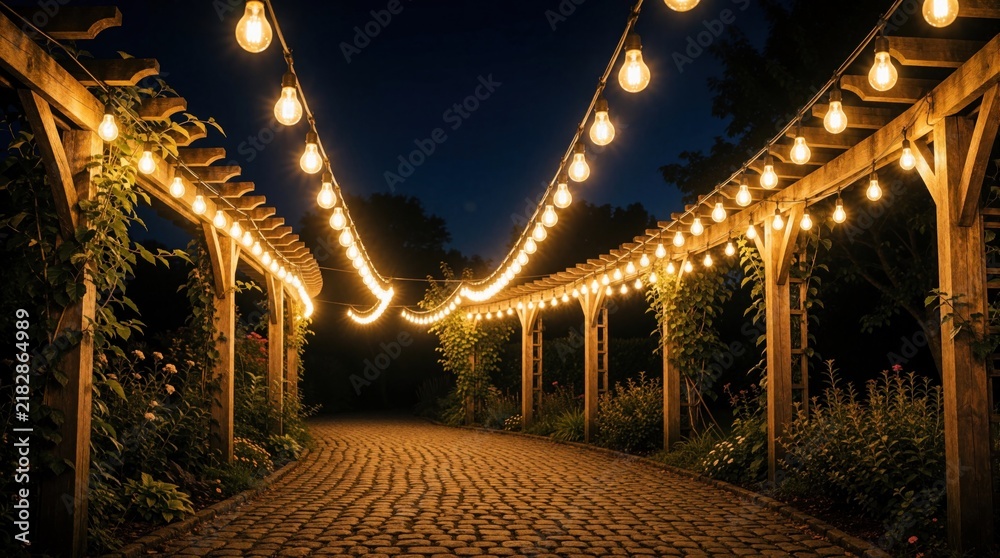 Obraz premium Wooden pergola with string lights at night. Curved bulb strands illuminate garden path. Cozy outdoor lighting creates warm ambient atmosphere.