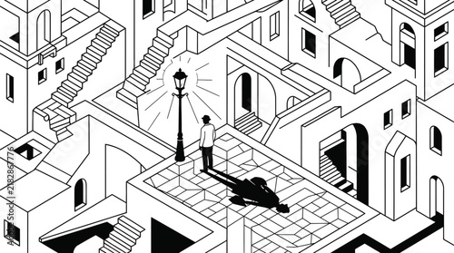 Man standing by a street lamp in an isometric architectural maze
