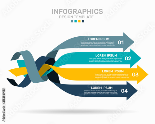 Four-step infographic design template featuring interwoven horizontal labeled arrows. Vector illustration.