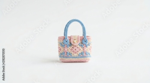 A tiny little bag, meticulously crafted in micro-crochet and pastel tones, featuring a light blue strap and delicate floral patterns.