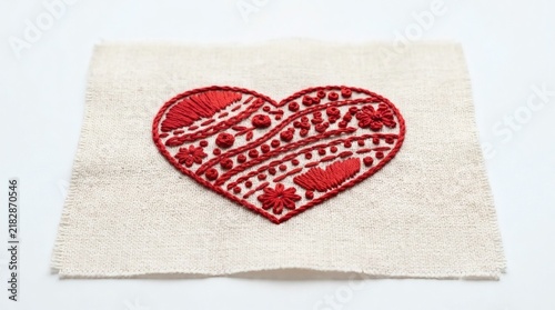 A piece of embroidered linen fabric featuring a red heart with intricate folk art patterns. The detailed stitching showcases traditional floral and geometric motifs.