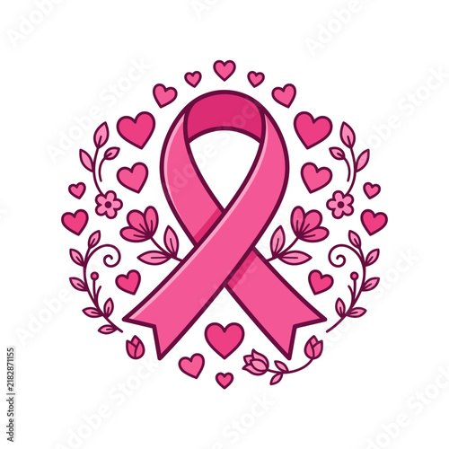 Pink Ribbon Awareness Emblem Surrounded by Decorative Hearts and Floral Elements