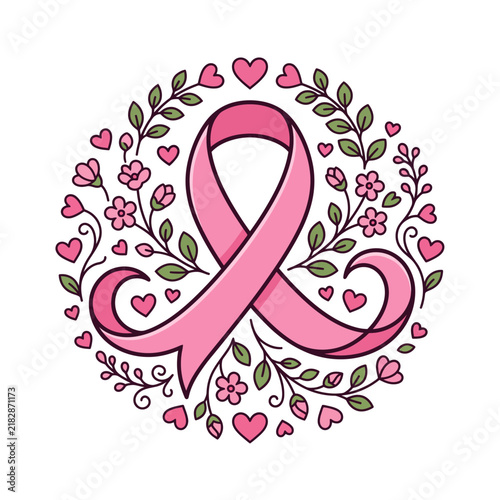 Pink Ribbon Floral Wreath for Breast Cancer Awareness and Charity Support Concept