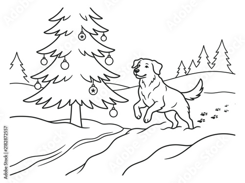 Foto Dog bounding through snow beside a decorated winter tree