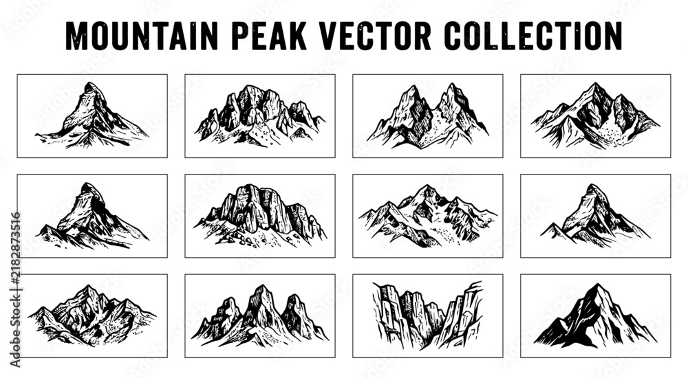 Fototapeta premium Set of hand drawn mountain peak illustrations for logo design and outdoor adventure branding elements collection