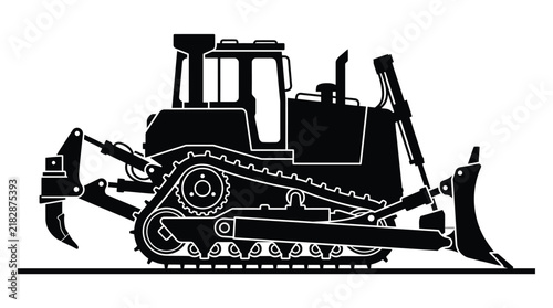 Black silhouette of a bulldozer with a front blade and tracks silhouette