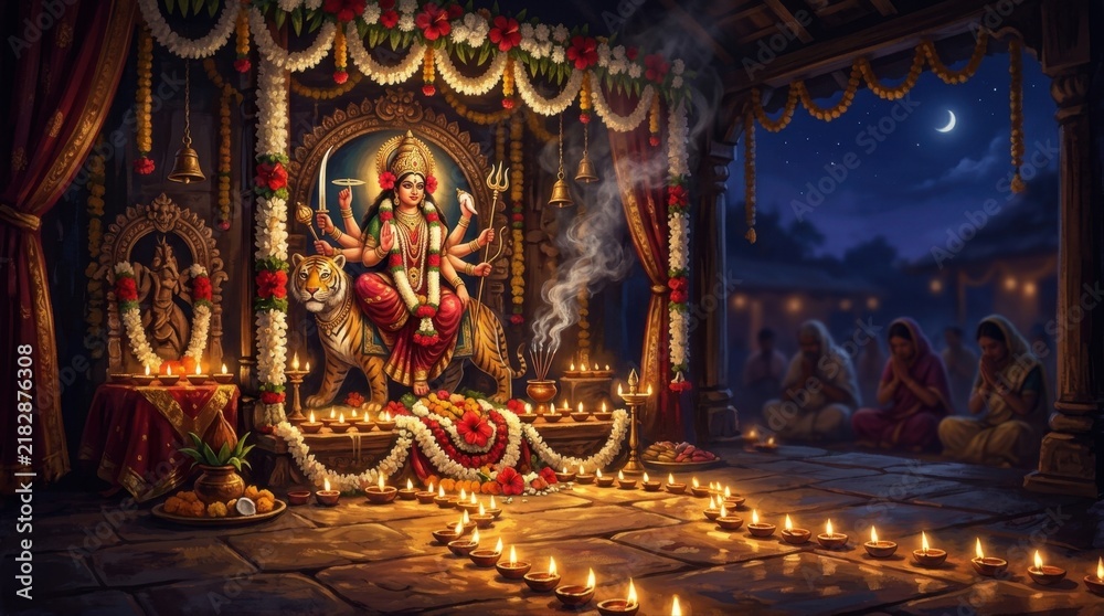 Fototapeta premium Beautiful idol of Goddess Durga illuminated by many lamps during Durga Puja