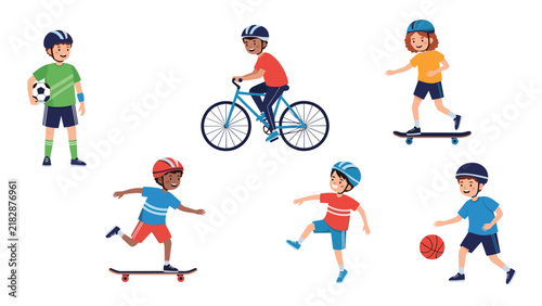 Set of active young kids doing different sports activities like riding a bicycle, skateboarding, and playing football.
